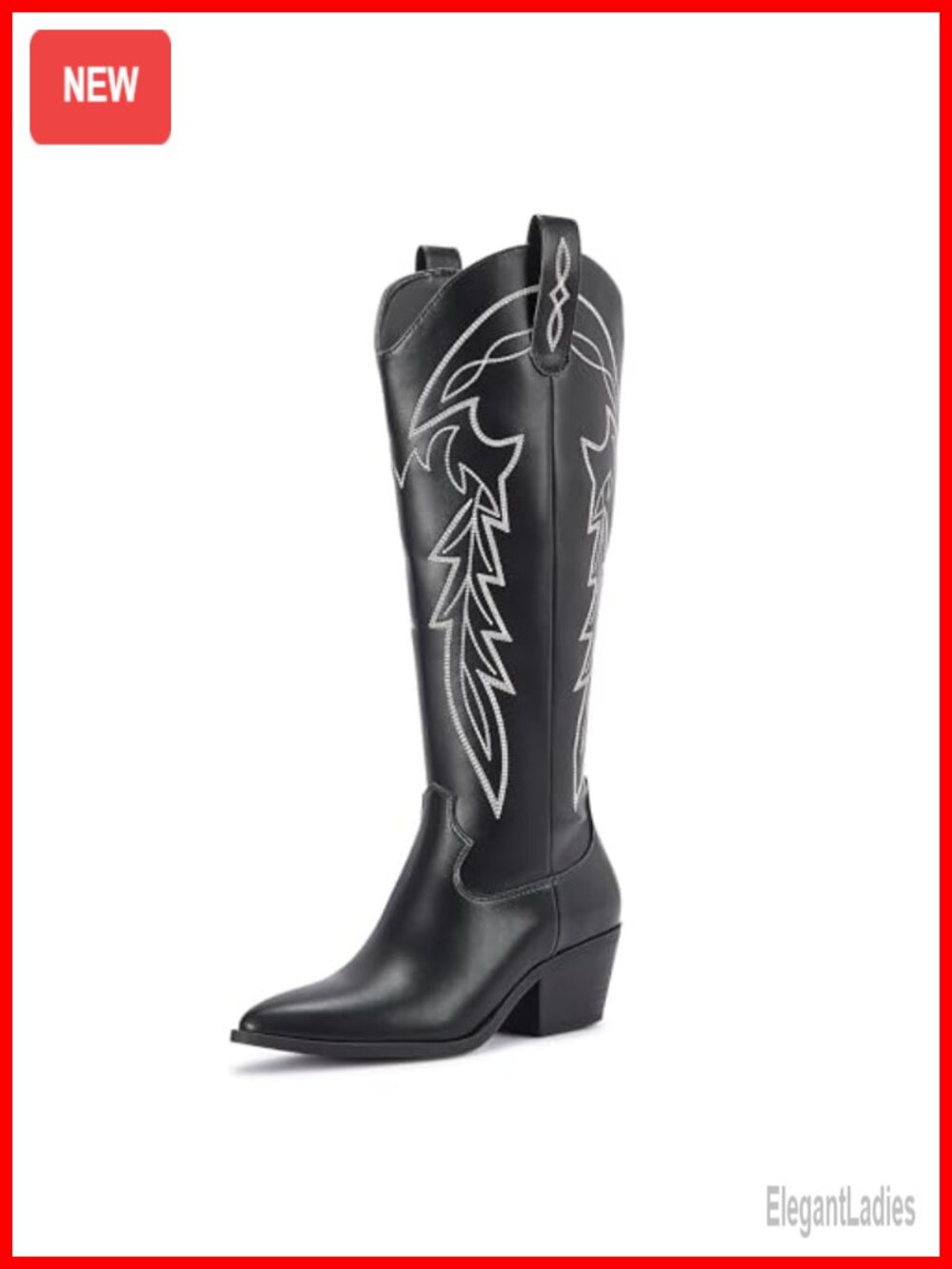 Knee High Western Cowboy Boots Pointed Toe Block Heel Faux Leather